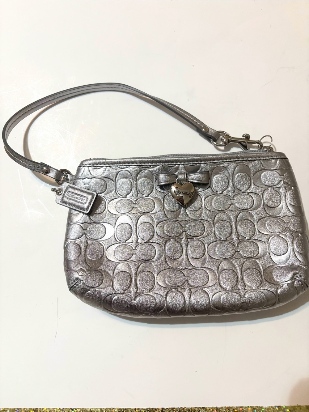 Coach Silver Metallic Signature Heart Charm Shoulder Bag